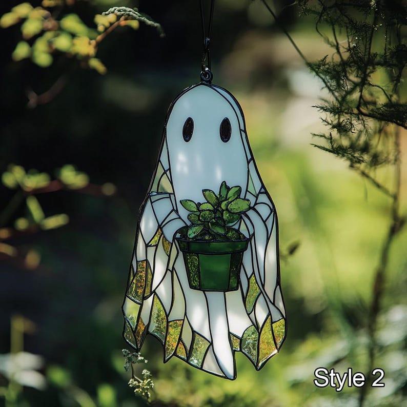 Cute Ghost Plant Suncatcher, Ghost and Monstera Acrylic Ornament, Halloween Ghost Window Hangings, Plant Lovers Gift, Chrismas Gift