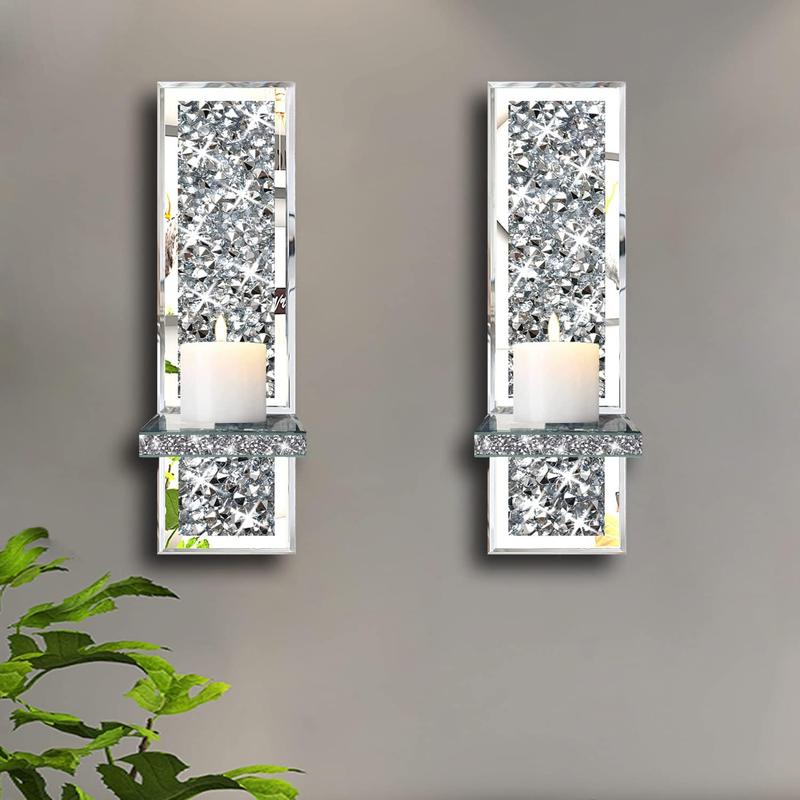 Set of 2 Crystal Crush Diamond Candle Sconces, Gorgeous Silver Mirrored Wall Sconce, Candle Holder Glass Wall Decorations Room Ornaments