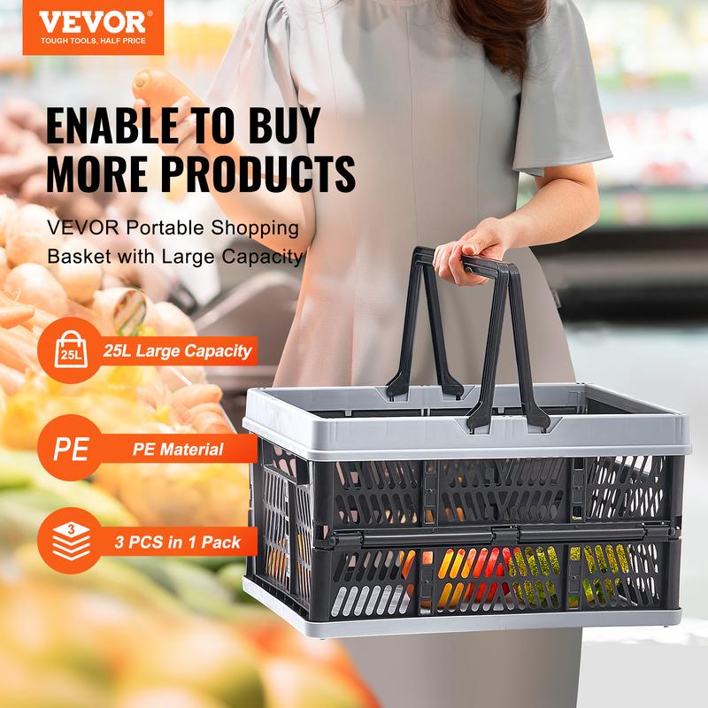 VEVOR Collapsible Shopping Basket, 3 Pack, 25L Plastic Foldable Storage Crate with Handle, Grocery Fruit Vegetable Shopping Basket Folding Storage Container for Supermarket Retail Shopping, Black Organiser Household