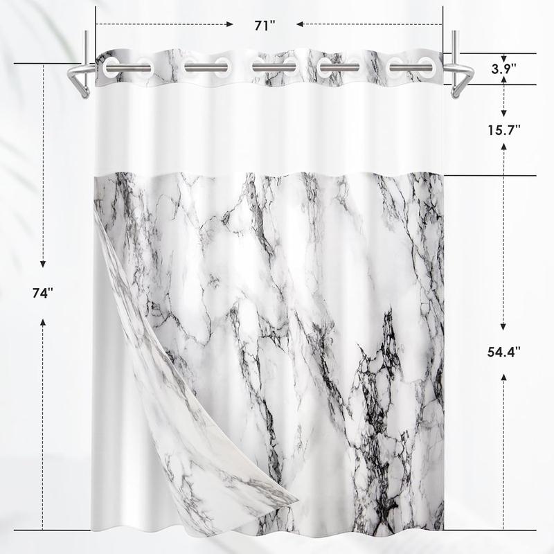 No Hook Marble Ocean Stone Shower Curtain with Snap-in Liner, Gray Double Layers Waterproof Fabric with See Through Top Window Open Grommet Bath Curtain 71x74 Inch