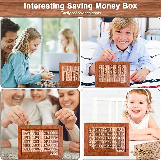 Money Saving Box, Wooden Cash Vault for Kids and Adults, Reusable Money Box with Countdown and Money Target Best Gift for Boys, Girls