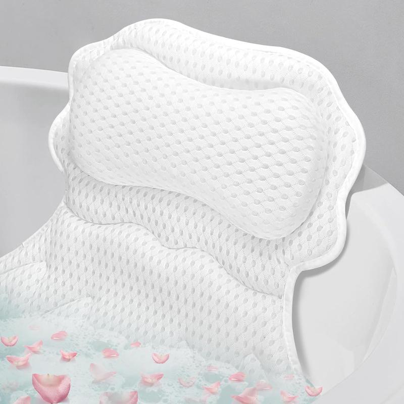 Bath Pillow, Relaxing Bath Pillows for Tub Neck and Back Support Soft 4D Breathable Air Mesh Ergonomic Bathtub Pillow with 6 Strong Suction Cups and Hook Luxury Bathroom Accessories,White