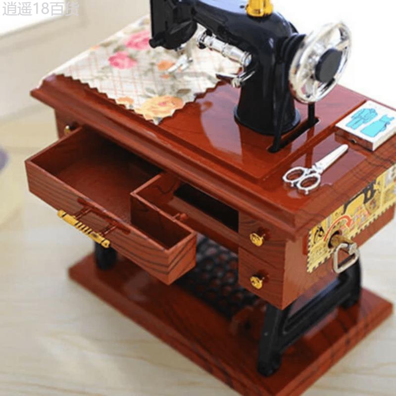 1pc Vintage-Style Mini Sewing Machine Musical Box - Mechanical Table Decor, Birthday Gift, Home Decor, Room Ornament with Classic Design and Soothing Melody Wooden Wood