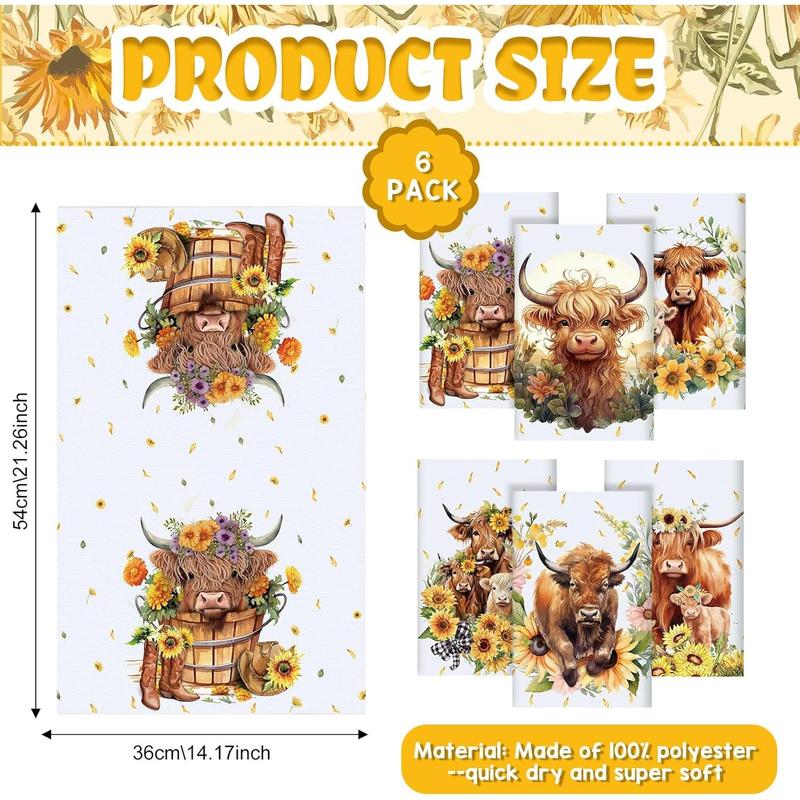 Set of 6 Highland Cattle Kitchen Towels Highland Cow Themed Dish Towels Absorbent Farm Cattle Watercolor Floral  Towel Sunflower Hand Towels Housewarming Gift for Farmhouse Kitchen