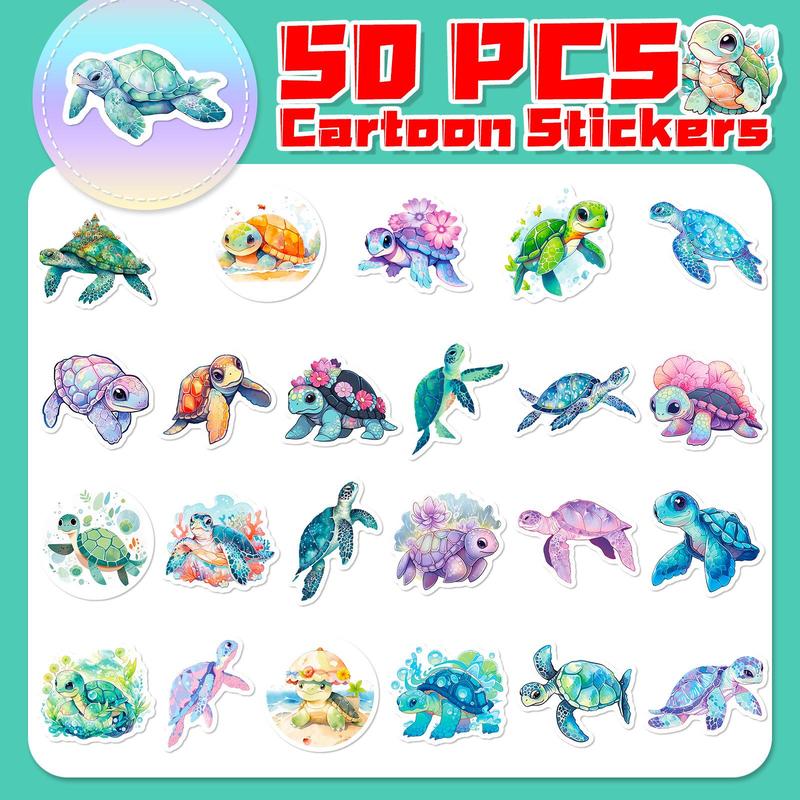 50pcs Set Cartoon Turtle Series Pattern Sticker, Waterproof Self Adhesive Decor Paper, Decor Sticker for Gift Greeting Card Water Bottle Laptop Phone