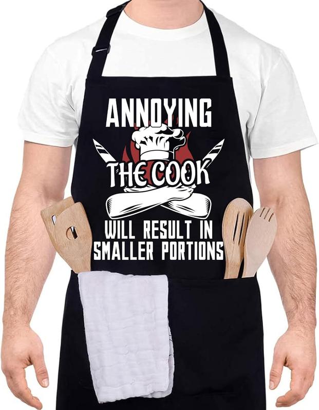 Funny Cooking Aprons for Men, ANNOYING THE COOK WILL RESULT IN SMALLER PORTIONS, Aprons for Cooking Kitchen Grilling Aprons with Two Pockets, Chef Apron Gift Grill Apron Adjustable