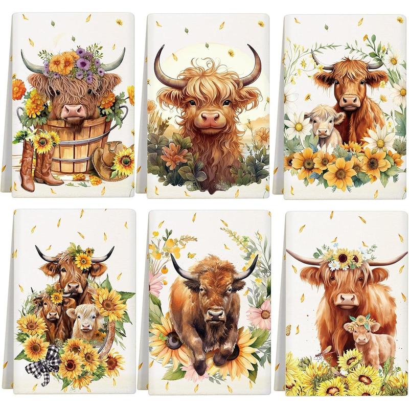 Set of 6 Highland Cattle Kitchen Towels Highland Cow Themed Dish Towels Absorbent Farm Cattle Watercolor Floral  Towel Sunflower Hand Towels Housewarming Gift for Farmhouse Kitchen