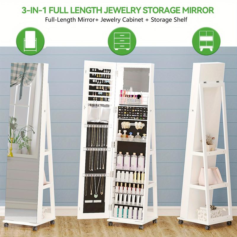 Lvifur 360° Rotating 64'' Jewelry Armoire with 6 LEDS, Full Length Mirror Large Capacity Jewelry Organizer Armoire, Lockable Floor Standing Mirror with 4 rollers for Bedroom, Cloakroom