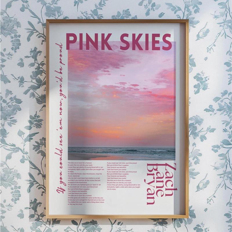 JamesGift Pink Skies Song Poster No Frame - Art Print, Preppy Wall Art, Coastal Cowgirl, Romantic Print, College Apartment Home Decor