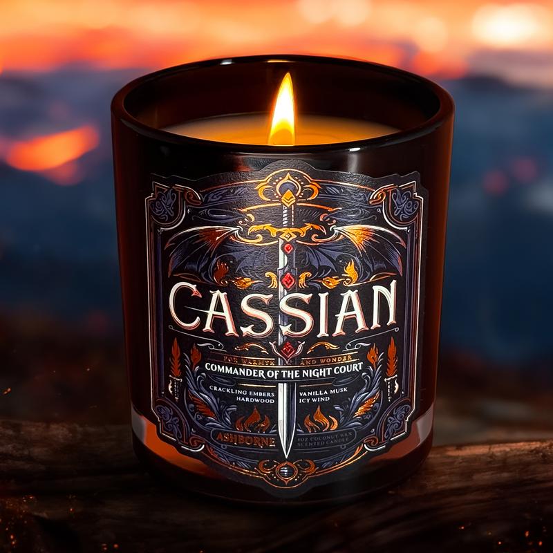 Cassian - ACOTAR inspired 8oz Scented Candle - Crackling Embers, Icy Wind, Vanilla Musk, Hard Wood - Natural Coconut Wax - 35 h Burn Time - Premium Foil Label