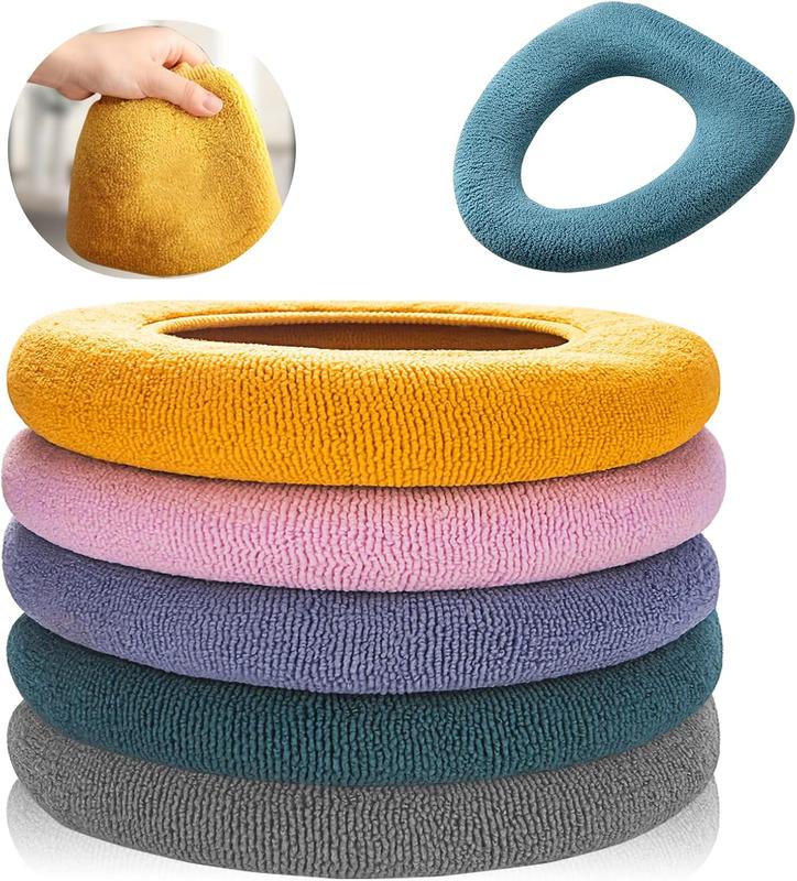 5 Pack Thicker Bathroom Toilet Seat Cover Pads- Soft Warmer Toilet Seat Cushion Cover Stretchable Washable Fiber Cloth, Easy Installation Comfortable Toilet Lid Seat Cover(Knitted Style)