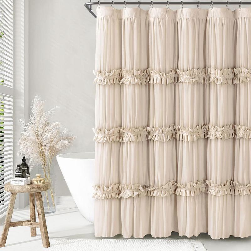 Ruffle Shower Curtain Boho Farmhouse Shower Curtain for Bathroom (Beige, 72