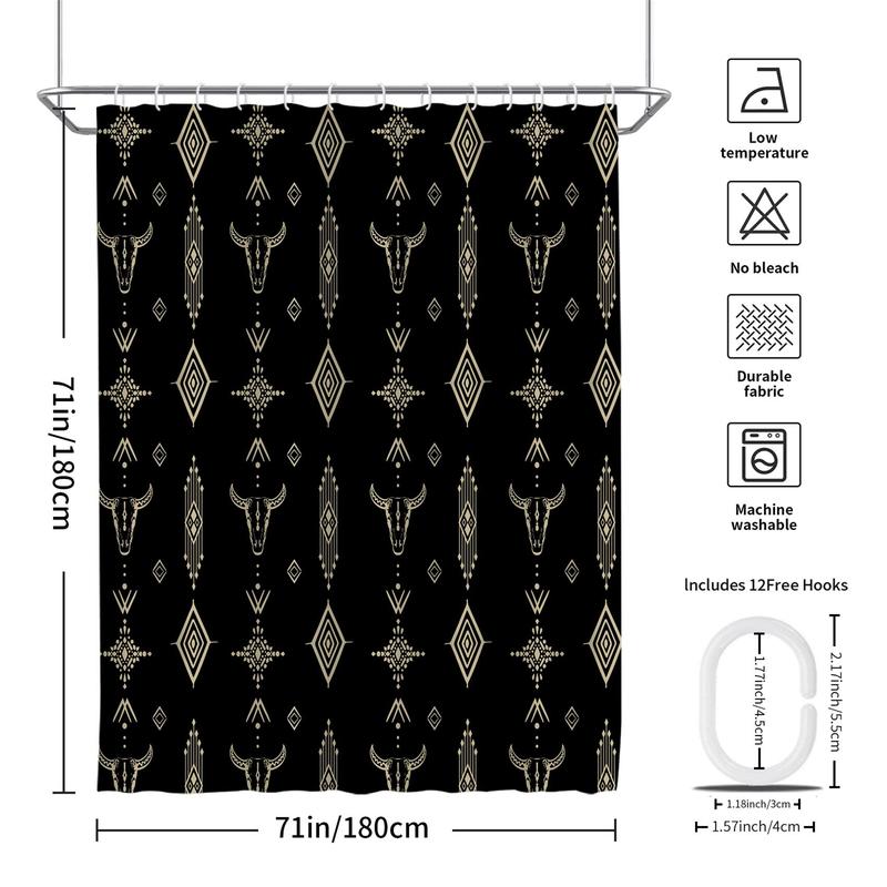 Boho Style Ox Head Pattern Shower Curtain, 1 Count Modern Waterproof Bathroom Curtain with 12pcs Hooks, Bathroom Decor Supplies for Home Hotel