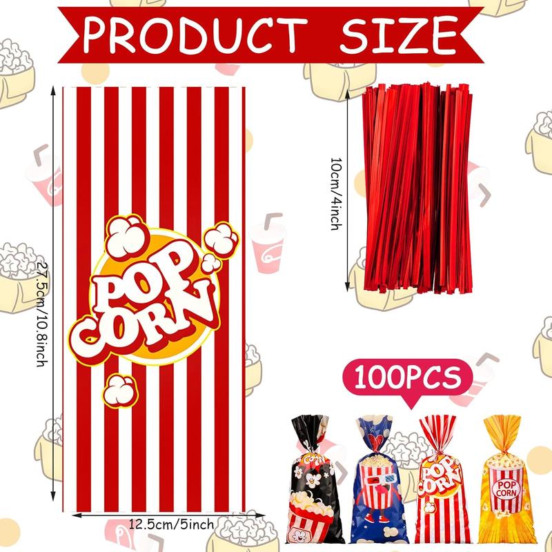 100 count Popcorn Bags for Party, Popcorn Treat Bags Set, 100 count Candy Bags Red White Stripe Cookie Snacks Bags with 150 Red Twist Ties for Circus Carnival Birthday Party Favor (Cute Style)