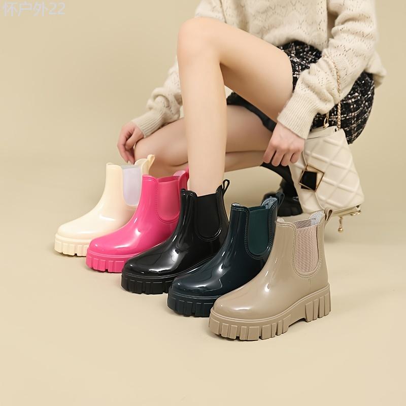 Women's Trendy Non-slip Rubber Thick Bottom Rain Boots, Comfortable Waterproof Solid Color Water Boots