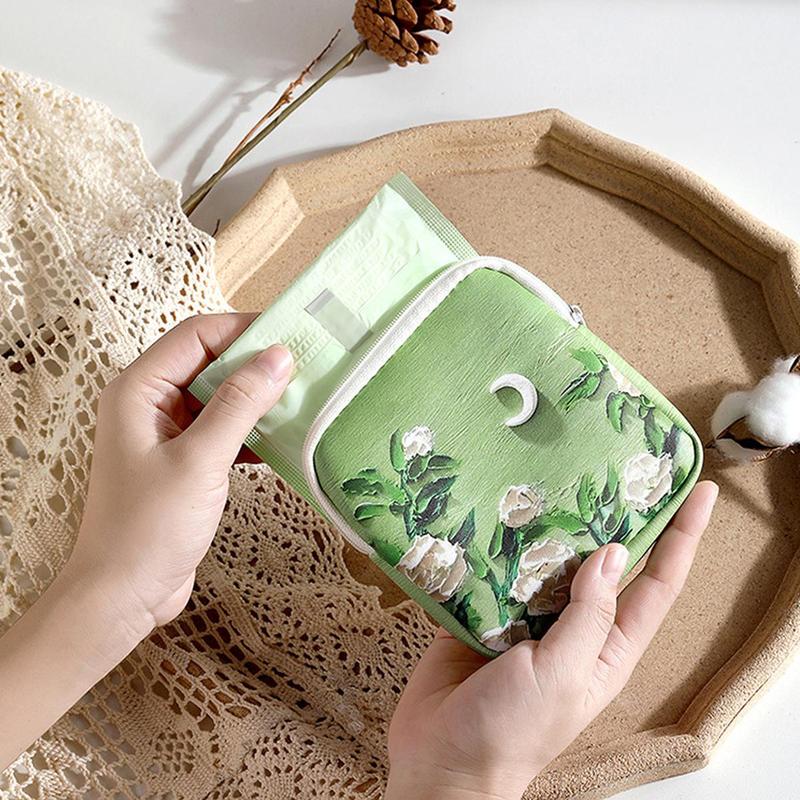 Floral Oil Paint Pattern Sanitary Napkin Zipper Storage Bag, 1 Count Portable Elegant PU Coin Pouch, Storage Organizer for Home School Student