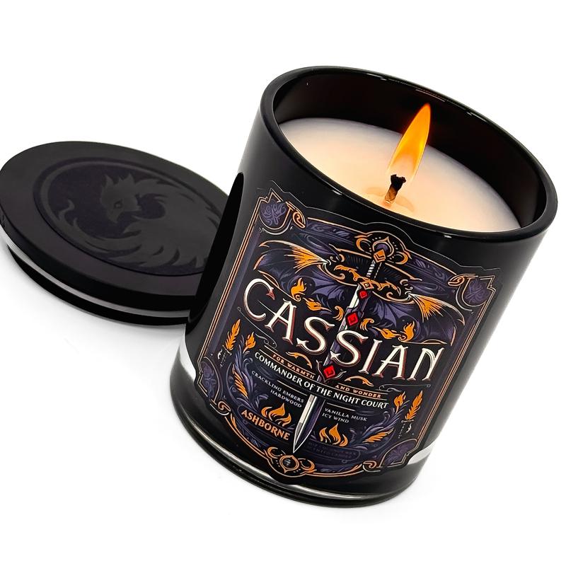 Cassian - ACOTAR inspired 8oz Scented Candle - Crackling Embers, Icy Wind, Vanilla Musk, Hard Wood - Natural Coconut Wax - 35 h Burn Time - Premium Foil Label