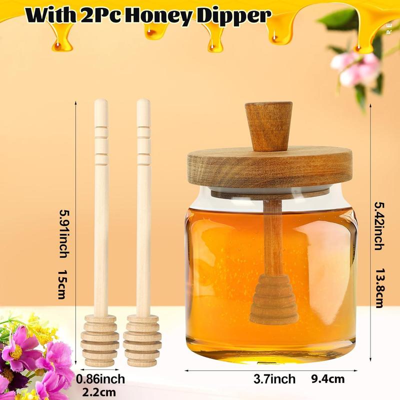 Honey Pot with Dipper & Lid, 1 Count Glass Honey Jar with 2 Wooden Honey Dippers Stick, Airtight Syrup Dispenser for Home Kitchen