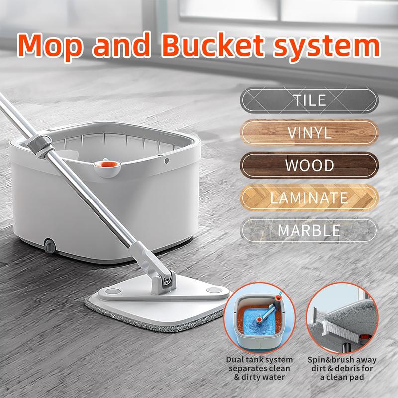 Spin Mop and Bucket with  Self Separation Dirty and Clean Water System, Self Wringing 360° Rotating Clean Mop-Head for Hardwood Tile Marble Floors ，Comes with 4 washable and reusable microfiber pads