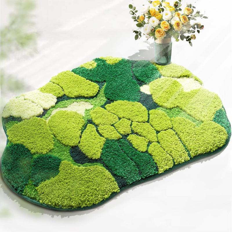 DEXDE Green Moss Bathroom Rugs Cute Leaf Bath Mat for Bathroom Non Slip Soft Microfiber Water Absorbent Aesthetic Green Bathroom Decor Boho Plush Rug for Shower, 32×20 Inch