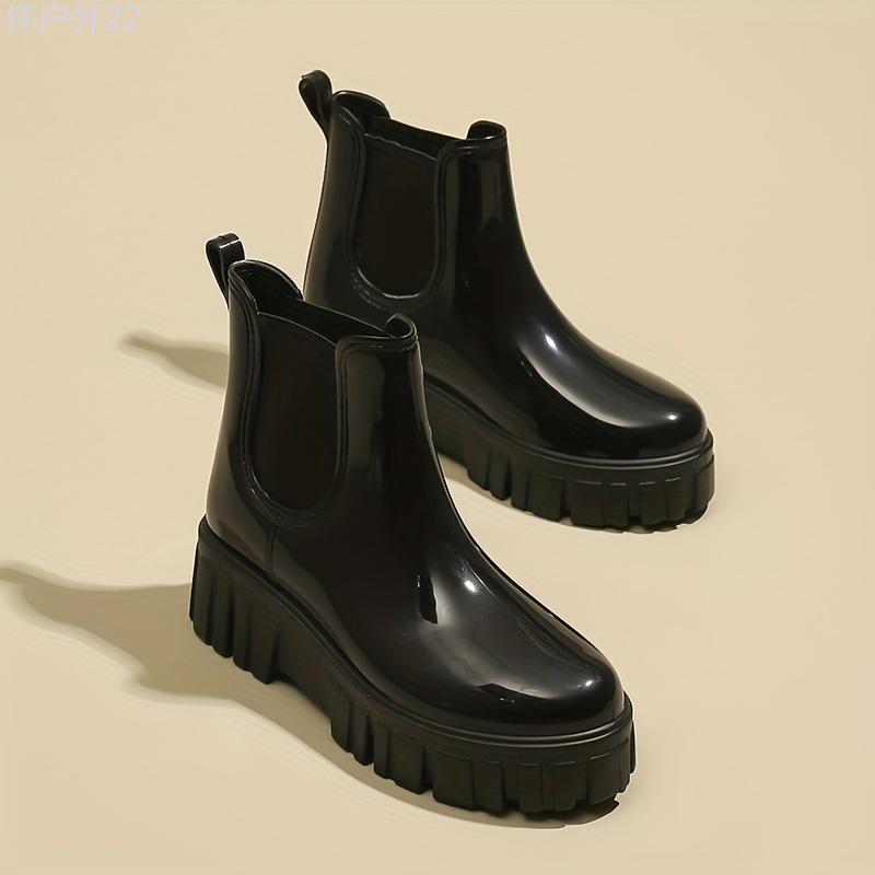 Women's Trendy Non-slip Rubber Thick Bottom Rain Boots, Comfortable Waterproof Solid Color Water Boots