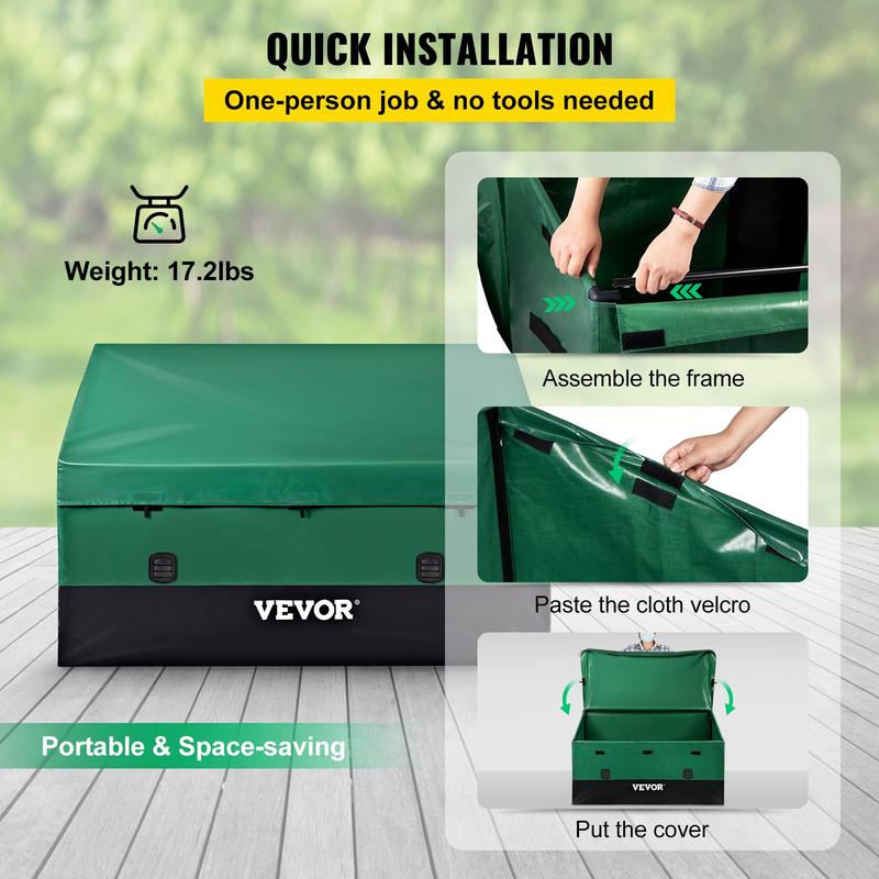 VEVOR Outdoor Storage Box, 100 150 230 Gallon Waterproof PE Tarpaulin Deck Box w Galvanized Frame, All-Weather Protection & Portable, for Camping, Garden, Poolside, and Yard, Black & Green Organiser