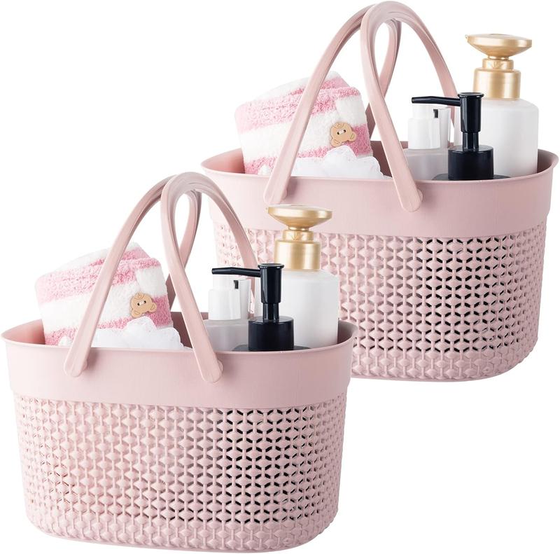 2 Pack Plastic Shower Caddy Basket, Portable Organizer Storage Tote with Handles Toiletry Bag Bin Box for Bathroom, College Dorm Room Essentials, Kitchen, Camp, Gym, Pink