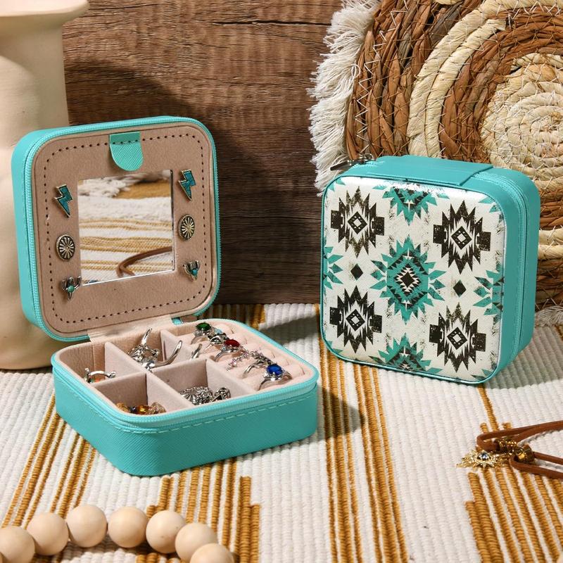 Western Jewelry Box Case Gift Aztec Print Travel Jewelry Organizer Christmas Gifts for Teen Girls Cowgirl Stuff Small Portable Travel Accessories for Women (Aztec) Set