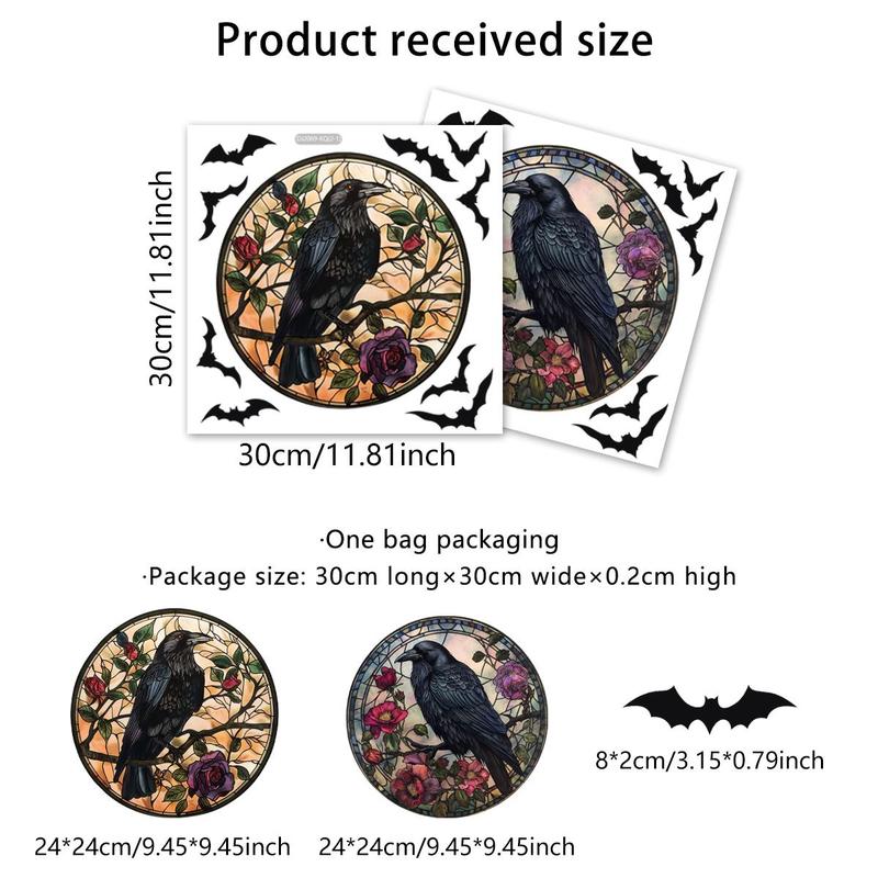 Halloween Crow & Flower Pattern Window Sticker, 4 Counts set Round Window Decal, Decorative Sticker for Home Window, Home Decor, Halloween Decor