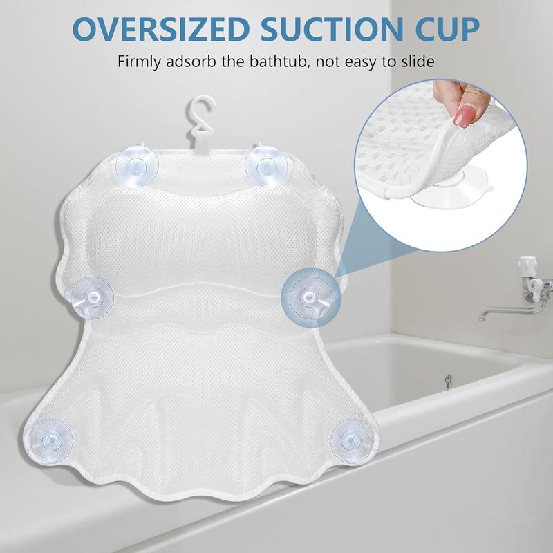 Bath Pillow, Relaxing Bath Pillows for Tub Neck and Back Support Soft 4D Breathable Air Mesh Ergonomic Bathtub Pillow with 6 Strong Suction Cups and Hook Luxury Bathroom Accessories,White