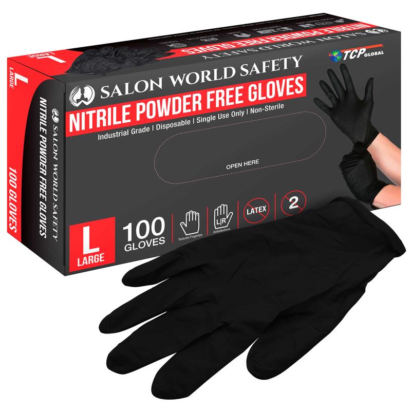 Salon World Safety Black Nitrile Disposable Gloves, Box of 100, Size Large, 5.0 Mil - Latex Free, Textured, Food Safe Cleaning