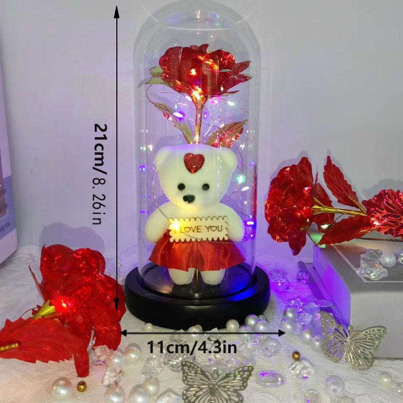 Artificial Rose Bear Gift with Glass Dome, 1 Count Battery Powered Romantic Glass Cover Rose Bear Flower Gift with Light, Decorative Flower for Home Party Wedding Anniversary(without Battery)