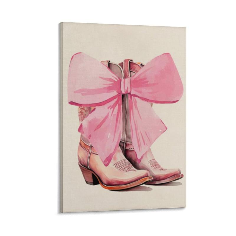 Pink Cowgirl Bow Poster, Cowgirl Room Decor, Bow Room Decor, Preppy Western Wall Art Canvas Painted Pink Cowboy Boots Poster Suitable for Girls Room Dorms