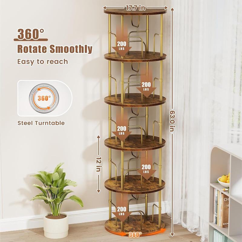 Flycity 3 And 5 Tier Rotating Bookshelf, 360° Display Rotating Bookcase Corner Storage Rack with Special Visible Partition Storage