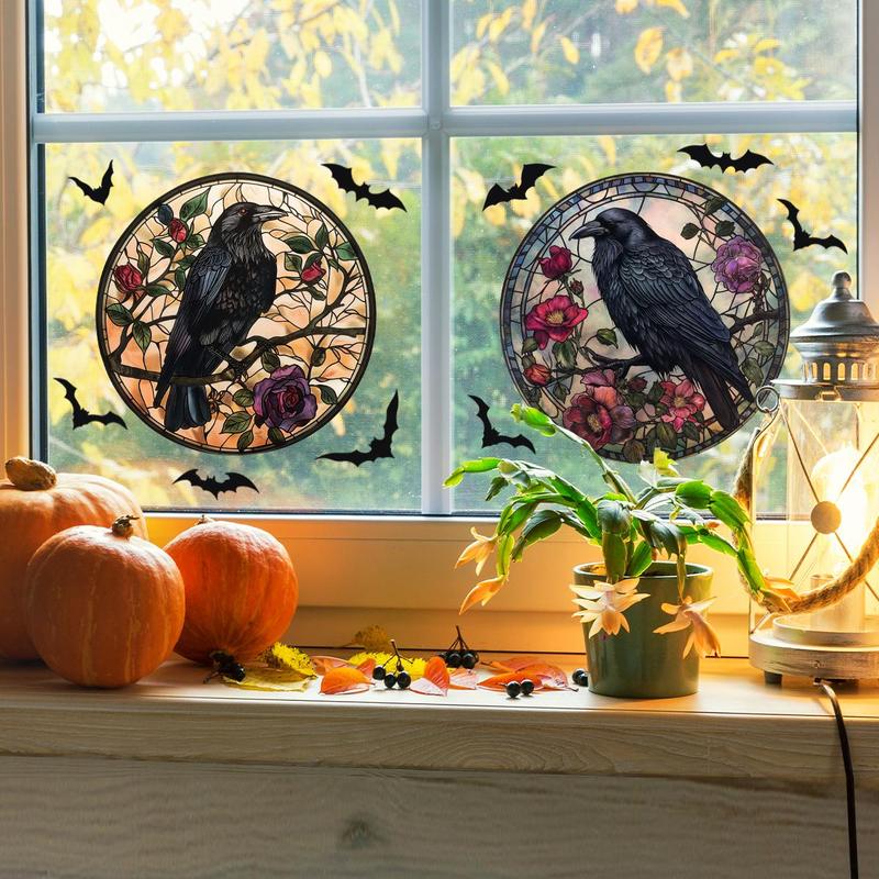 Halloween Crow & Flower Pattern Window Sticker, 4 Counts set Round Window Decal, Decorative Sticker for Home Window, Home Decor, Halloween Decor