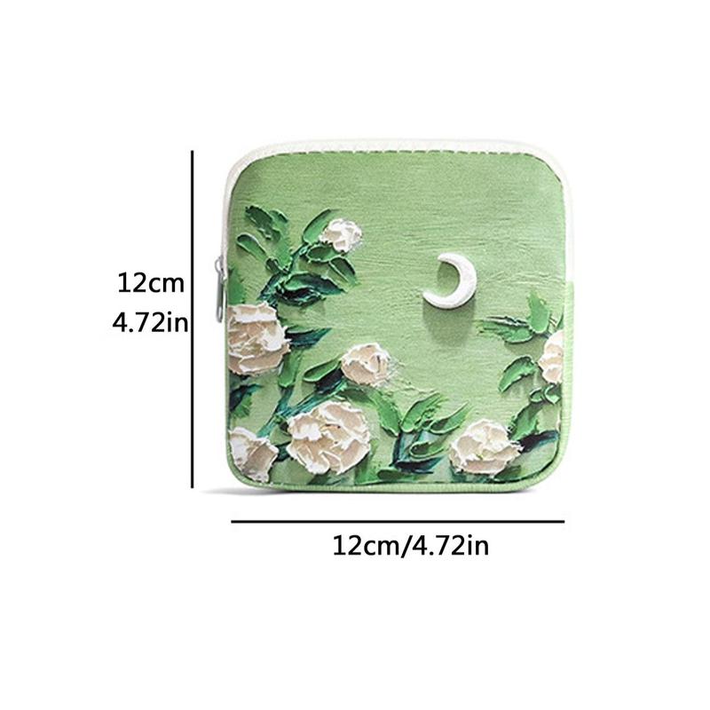 Floral Oil Paint Pattern Sanitary Napkin Zipper Storage Bag, 1 Count Portable Elegant PU Coin Pouch, Storage Organizer for Home School Student