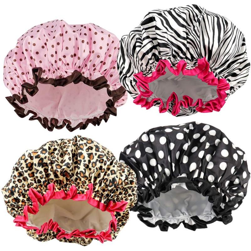 4 Pack Shower Cap for Women, Elastic and Reusable, Environmental Protection Hair Bath Caps, Double Waterproof Layers Bathing Hat