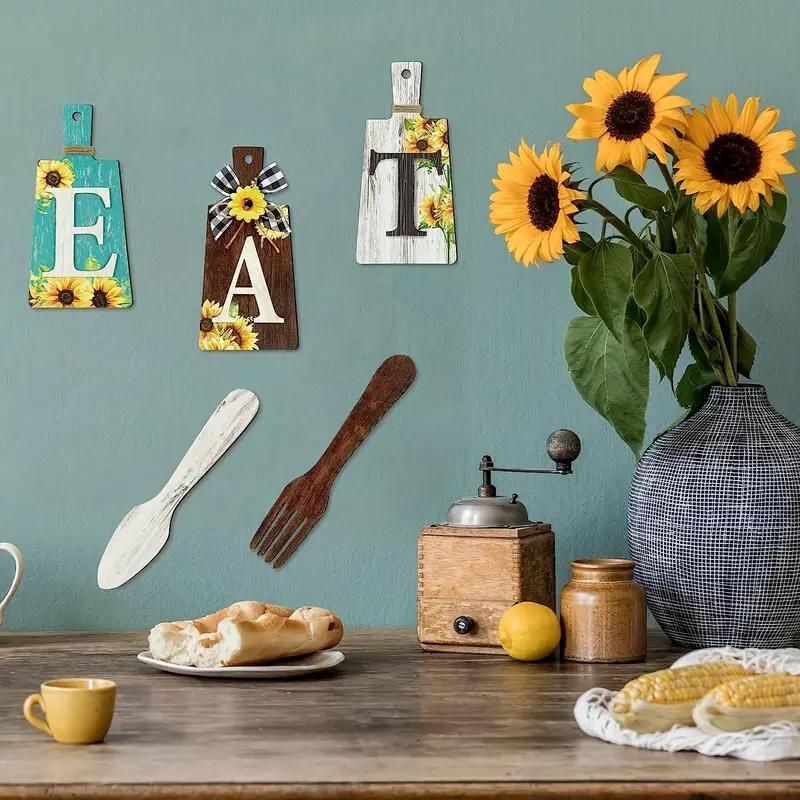 Wooden Kitchen Decoration Plaque, 5 Counts set Eat Letter & Sunflower Pattern Hanging Wall Art, Wall Decor for Home Kitchen Dining Room