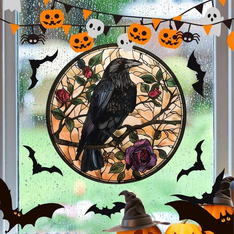 Halloween Crow & Flower Pattern Window Sticker, 4 Counts set Round Window Decal, Decorative Sticker for Home Window, Home Decor, Halloween Decor