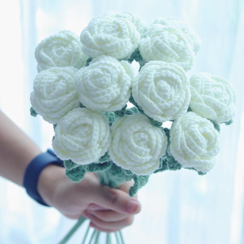 Crochet Rose Artificial Flower, 10pcs set Handmade Knitting Rose, Decorative Flower for Home Party Wedding Office Festival