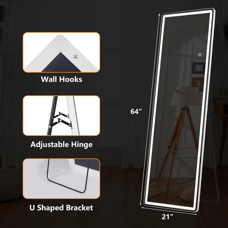 Floor Mirror with LED Light, 64” x 21” Full Length Mirror with Stand, Hanging Mirror Wall Mounted Mirror with Dimming & 3 Color Lighting, Full Body Mirror for Living Room Bedroom