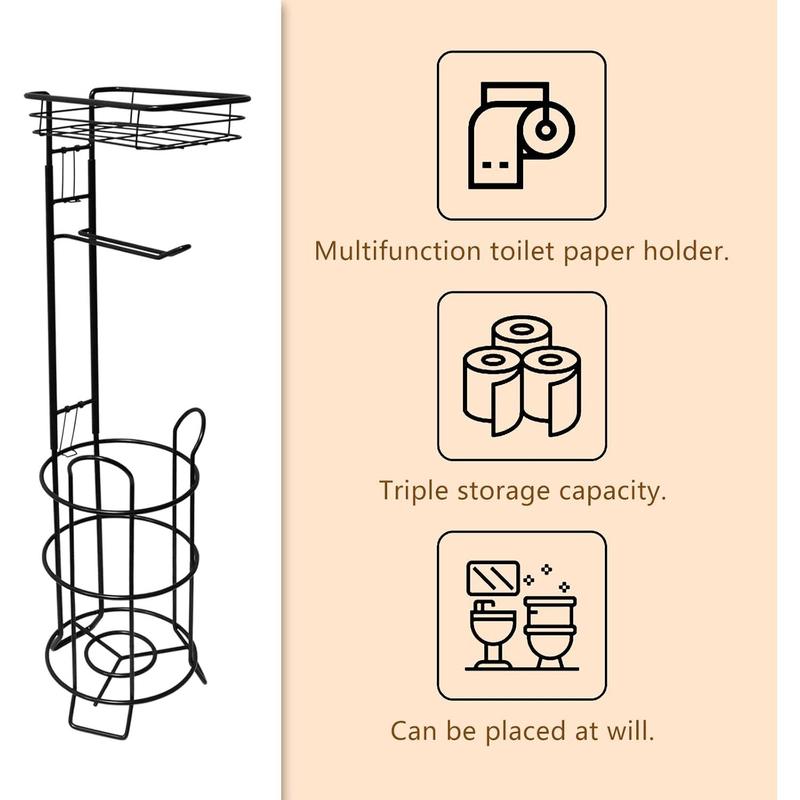 Toilet Paper Holder Stand Bathroom Toilet Paper Storage with Raised Base, Tissue Paper Roll Dispenser with Top Shelf (Black) Organiser Rack