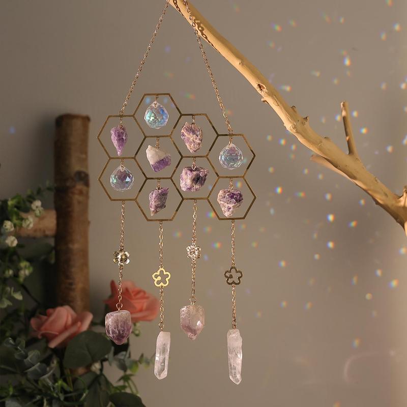 Honeycomb Crystal Stone Sun Catcher, 1 Count Sun Catcher Hanging Decoration, Wind Chime for Home Living Room Courtyard Garden Window