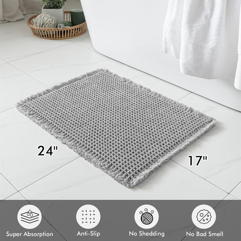 Set of 2 Waffle Bathroom Rugs, Boho Bath Rugs Non Slip Washable, Super Absorbent Bath Mats, Ultra Soft Rubber Backed Shower Mats for Bathroom Floor, Tub and Shower, Light Grey, 17x24 Inch