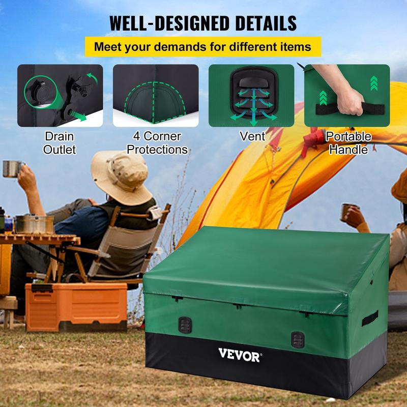 VEVOR Outdoor Storage Box, 100 150 230 Gallon Waterproof PE Tarpaulin Deck Box w Galvanized Frame, All-Weather Protection & Portable, for Camping, Garden, Poolside, and Yard, Black & Green Organiser