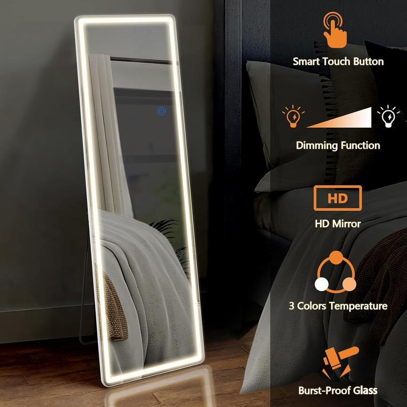 Floor Mirror with LED Light, 64” x 21” Full Length Mirror with Stand, Hanging Mirror Wall Mounted Mirror with Dimming & 3 Color Lighting, Full Body Mirror for Living Room Bedroom