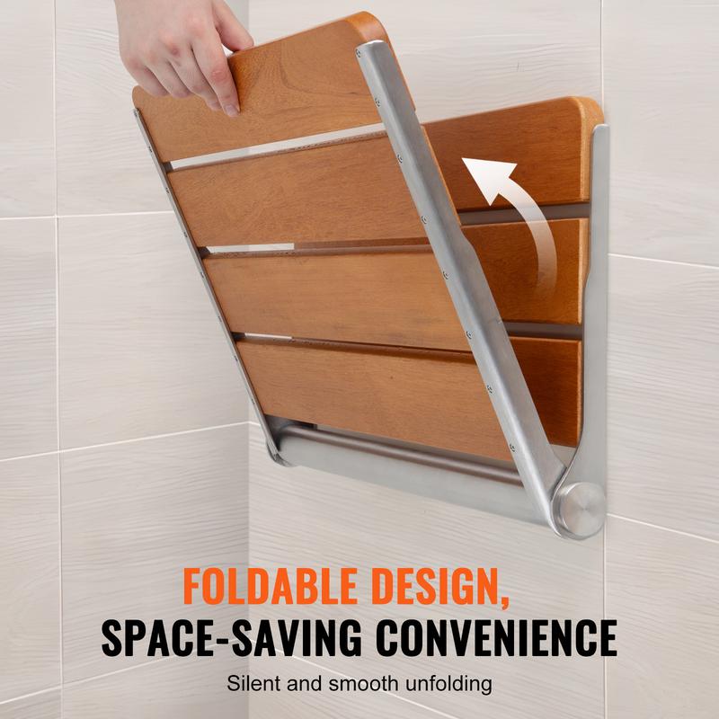 VEVOR Folding Teak Shower Seat, 20.9 x 16'' Unfolded, Wall Mounted Fold Up Shower Bench with 500 lbs Load Capacity, Space Saving Home Care Fold Down Shower Chair, for Seniors Pregnant Women Children Smooth Stainless