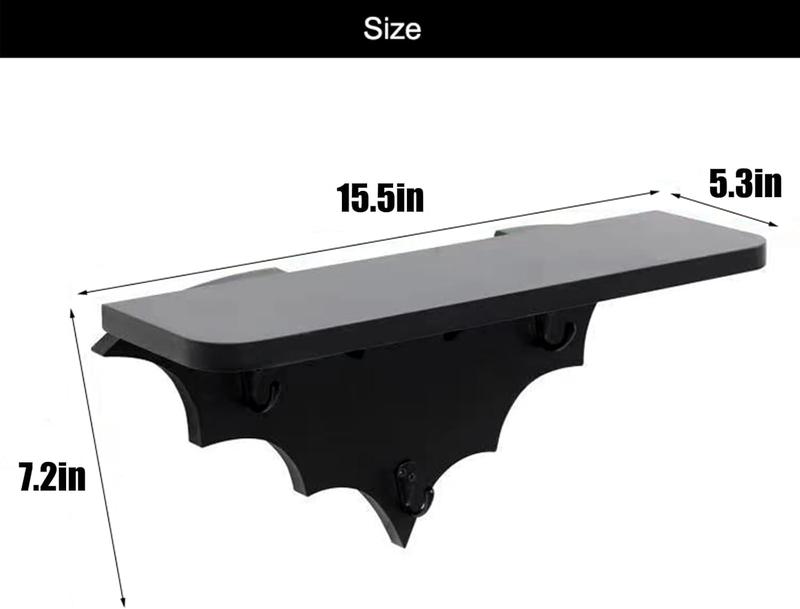 Bat Shelf Floating Black Wall Shelves for Bedroom-Halloween Wall Decor, Goth Room Decor-Black Hanging Shelves with 3 Key Hooks