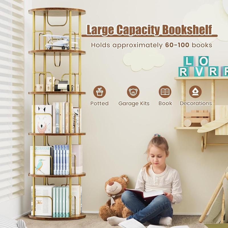 Flycity 3 And 5 Tier Rotating Bookshelf, 360° Display Rotating Bookcase Corner Storage Rack with Special Visible Partition Storage