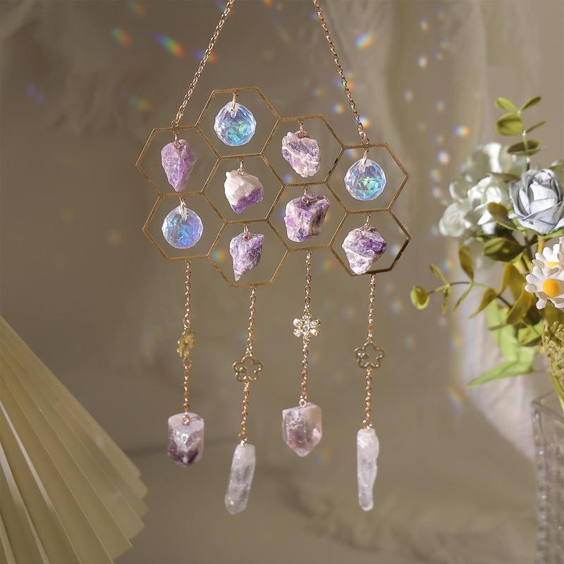 Honeycomb Crystal Stone Sun Catcher, 1 Count Sun Catcher Hanging Decoration, Wind Chime for Home Living Room Courtyard Garden Window